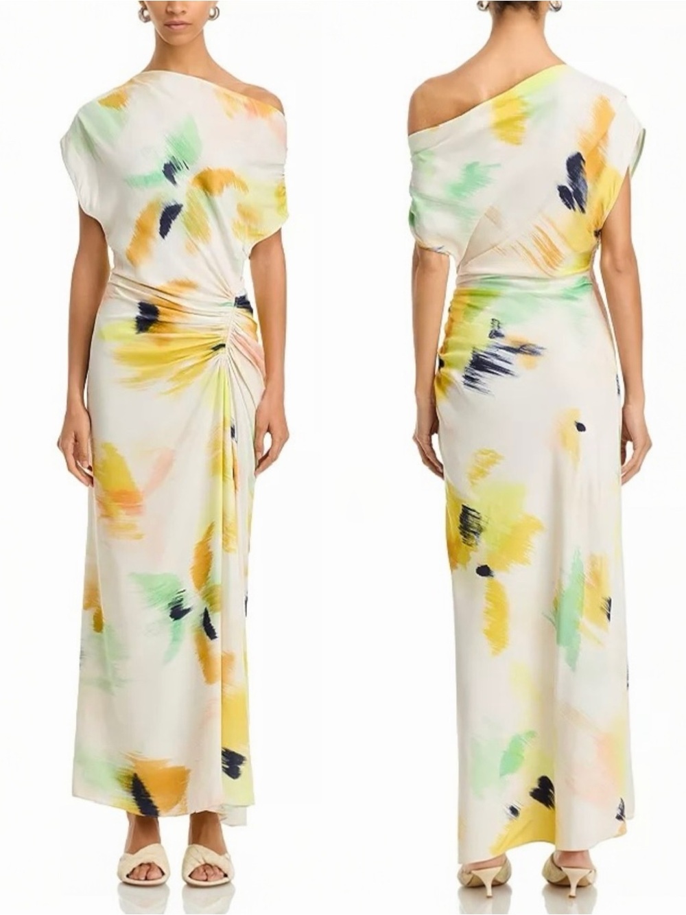 A.L.C. Penny Women’s Yellow Floral Satin Ruched Off-Shoulder Cocktail Maxi Dress - Picture 4 of 13